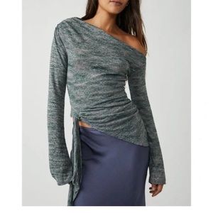 Free People Golden Hour Green Gray Heather Off Shoulder BoHo shirt Top small